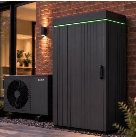 Anthracite Greener Pod installed outside a home beside a Vaillant heat pump