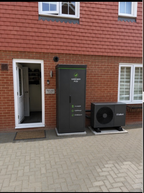 Greener Pod enclosure installed externally alongside a separate external heat pump