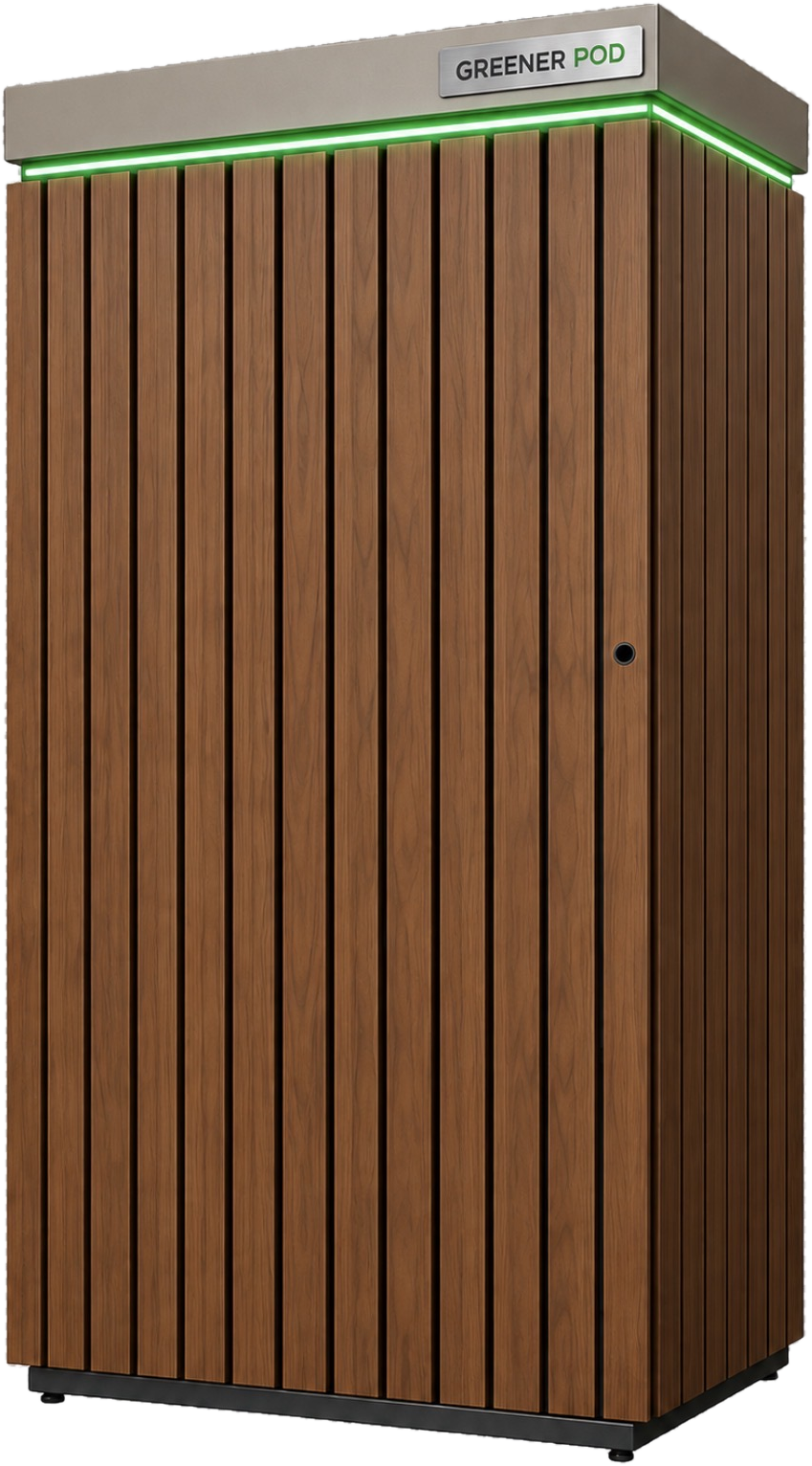 Greener Pod in walnut slatted finish with silver roof and GREENER POD badge.
