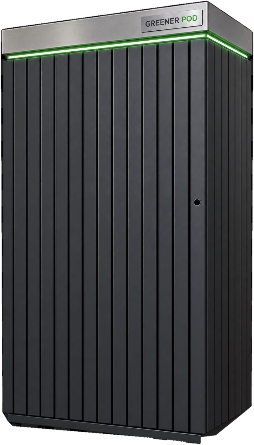 Greener Pod in anthracite slatted finish with silver roof and GREENER POD badge.