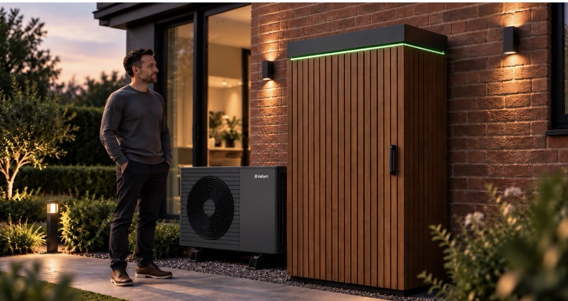 Greener Pod in walnut finish beside a heat pump at a brick home at dusk — the external plant room used in Greener Plumbing installations.