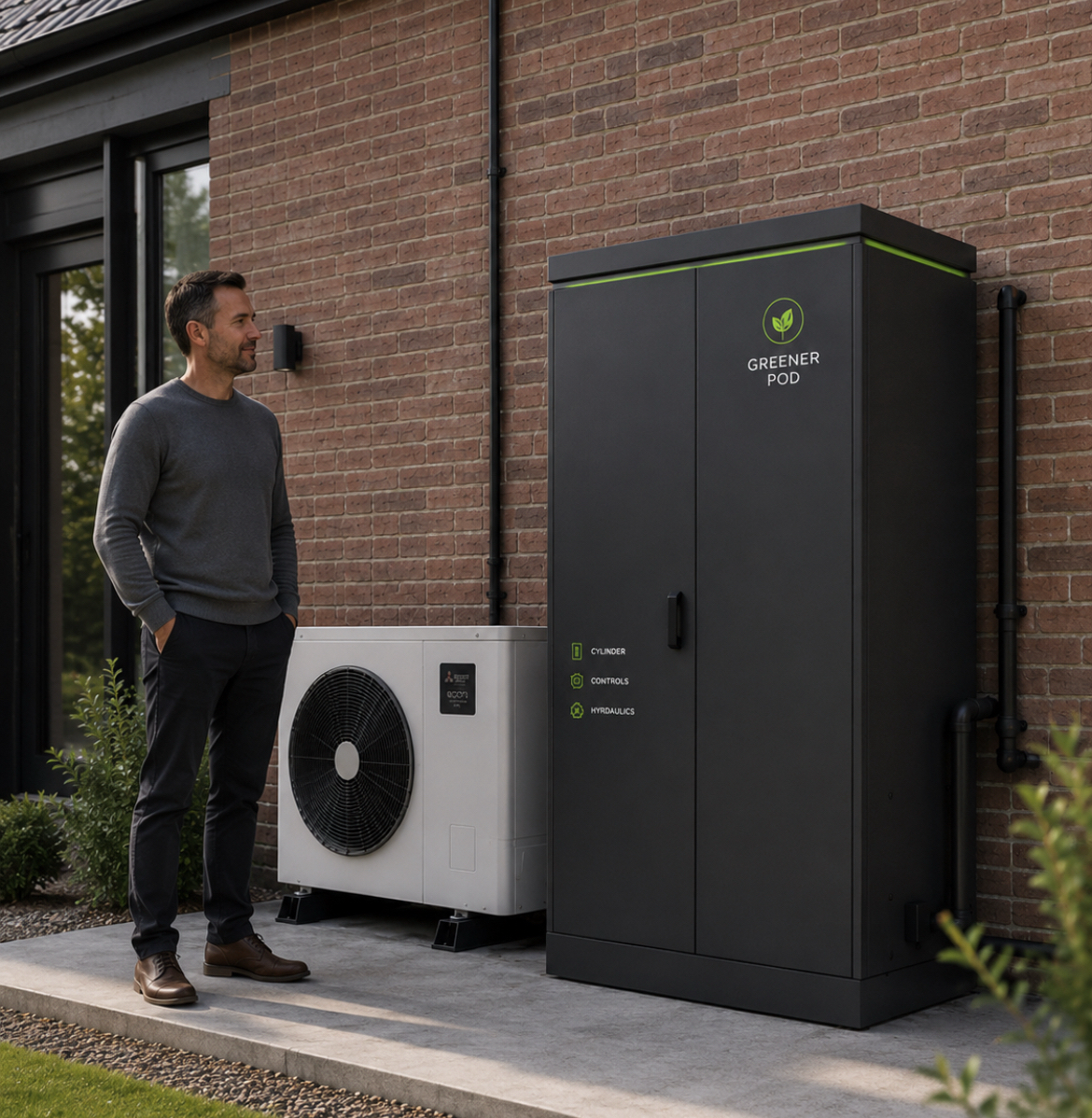 Man standing beside a Greener Pod and heat pump outside a brick property, showing the physical scale